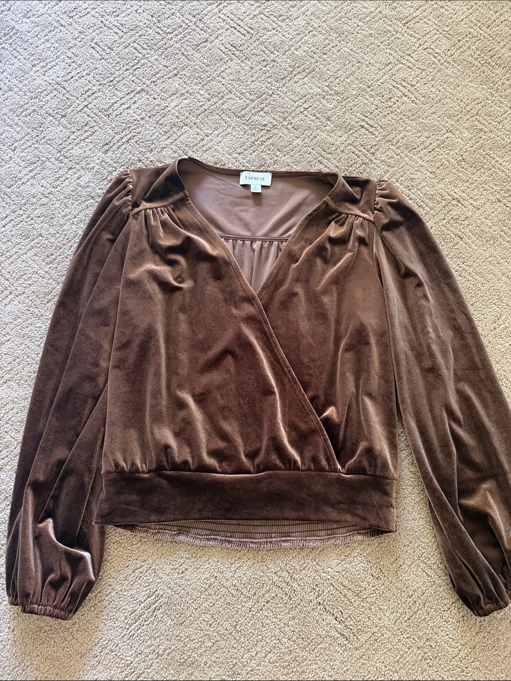 Evereve Chocolate Brown Velvet Wrap-Front Long Sleeve Top